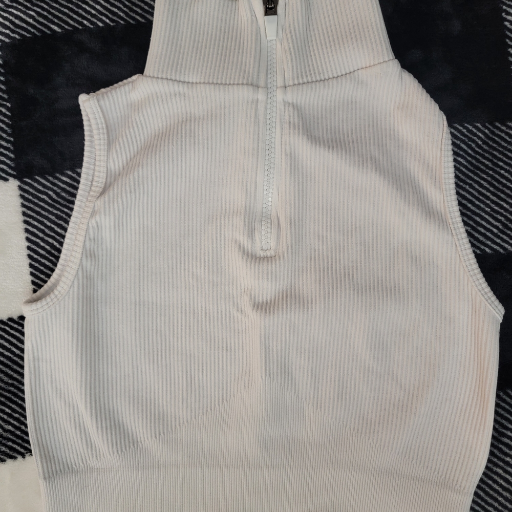 Cream Ribbed Zip-Up Crop Top